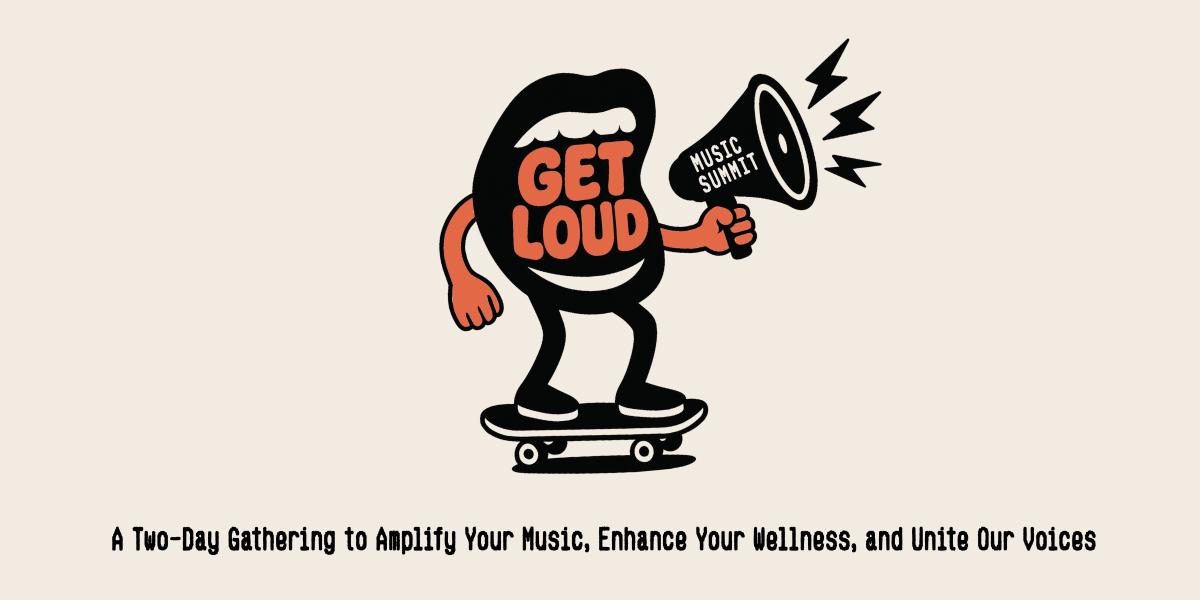 Get Loud Music Summit Logo of a mouth riding a skateboard with a magephone